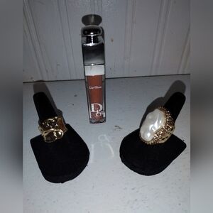 Dior Gold and Pearl Ring Set with Lip Gloss